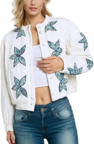 Aimiray Women's Cropped Floral Quilted Puffer Jackets 3D Printed Lightweight Button Padded Coats with Pockets