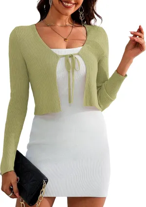 a.Jesdani Women's Shrug Sweaters Tie Front Long Sleeve Rib Knit Bolero Open Front Cropped Cardigan S-1X