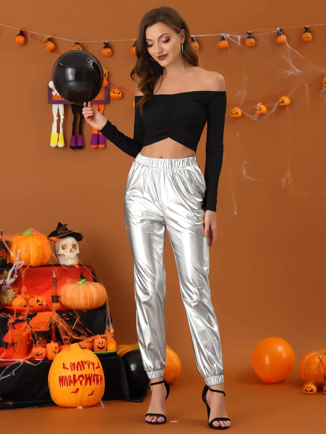 Allegra K Women's Metallic Trousers Christmas Shiny Sparkle Elastic Waist Holographic Pants