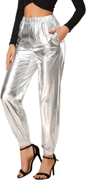 Allegra K Women's Metallic Trousers Christmas Shiny Sparkle Elastic Waist Holographic Pants