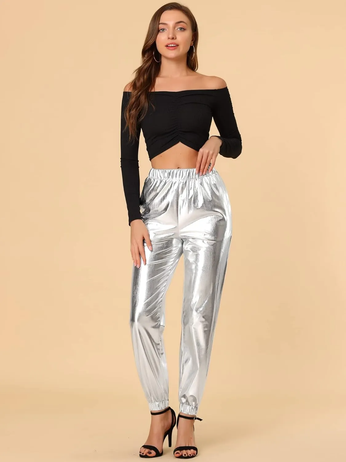 Allegra K Women's Metallic Trousers Christmas Shiny Sparkle Elastic Waist Holographic Pants