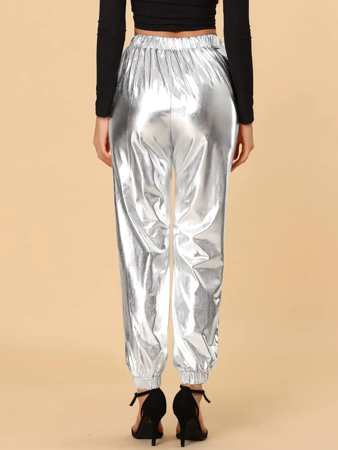 Allegra K Women's Metallic Trousers Christmas Shiny Sparkle Elastic Waist Holographic Pants