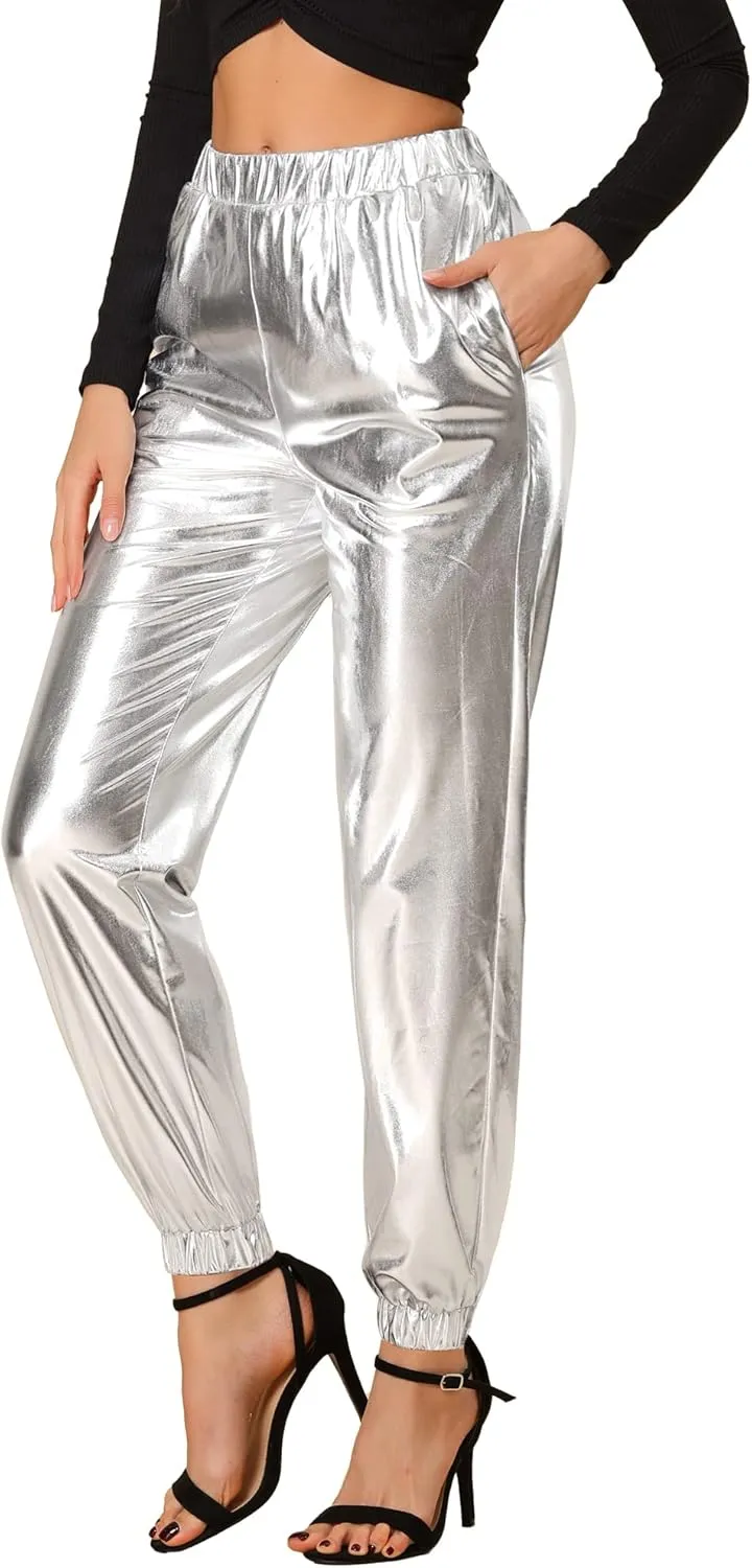 Allegra K Women's Metallic Trousers Christmas Shiny Sparkle Elastic Waist Holographic Pants