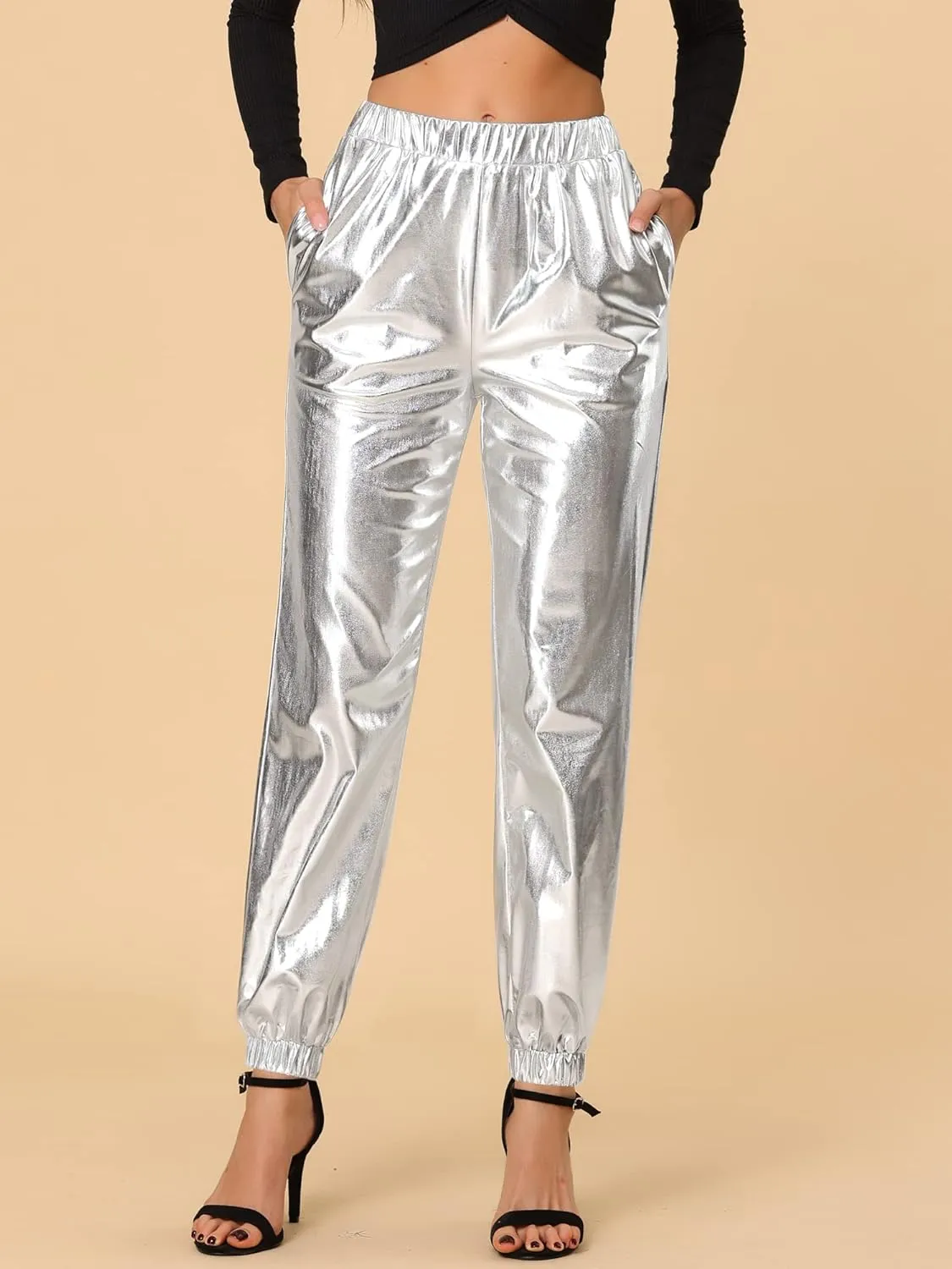 Allegra K Women's Metallic Trousers Christmas Shiny Sparkle Elastic Waist Holographic Pants
