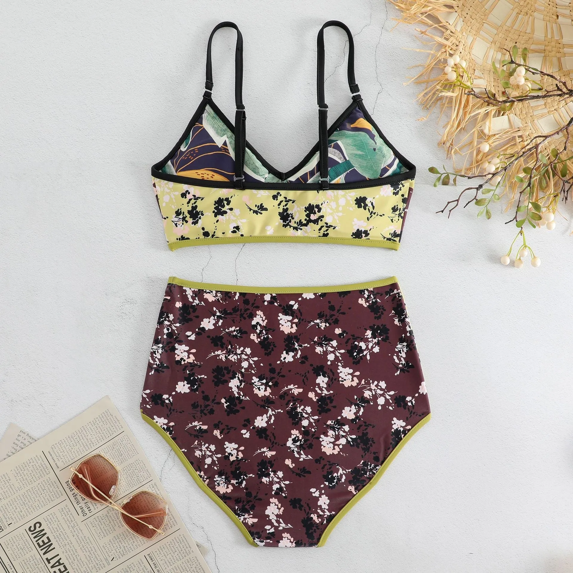 Allover Plant Print Reversible Two Piece Swimsuit Spaghetti Strap High Waisted Bikini Sets