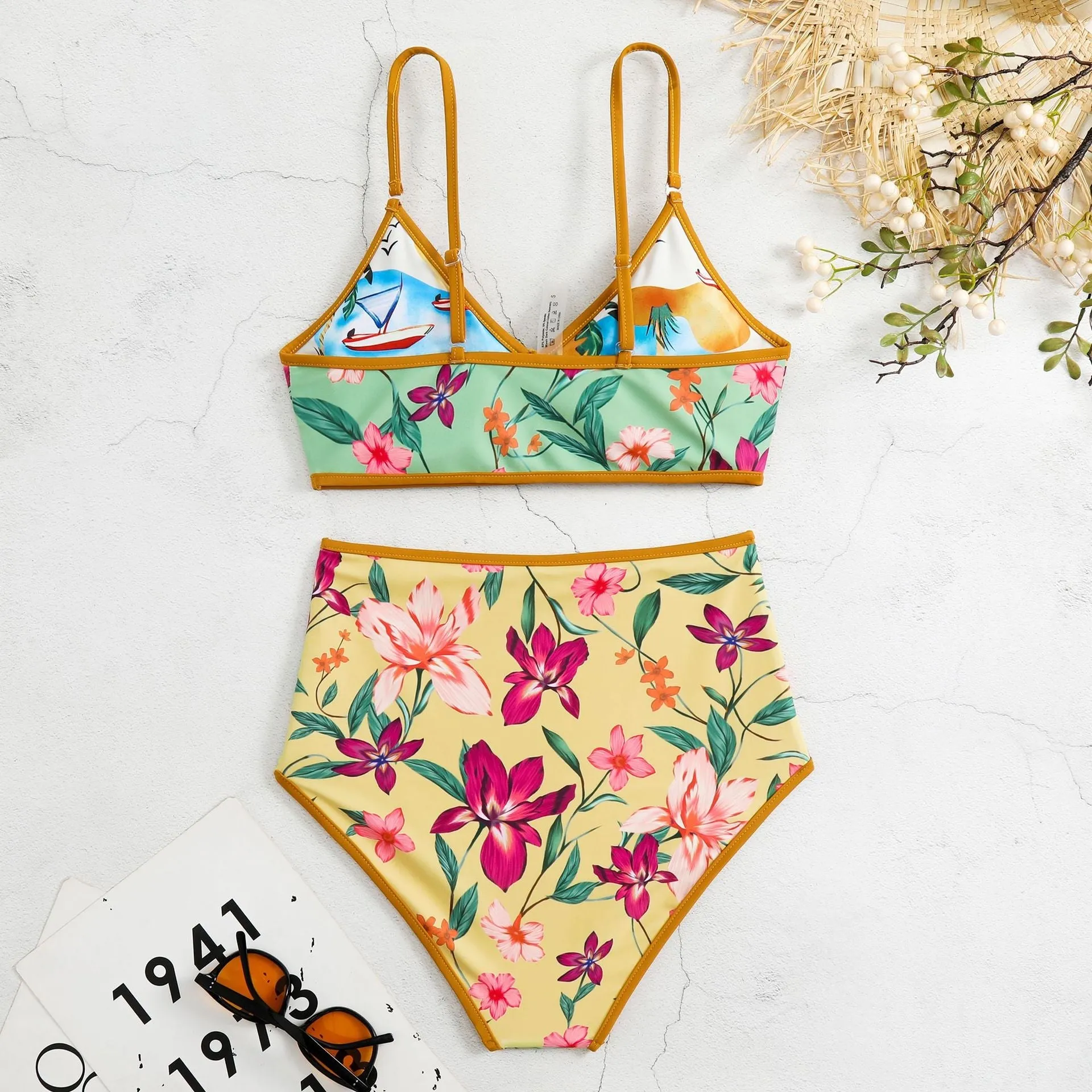 Allover Plant Print Reversible Two Piece Swimsuit Spaghetti Strap High Waisted Bikini Sets