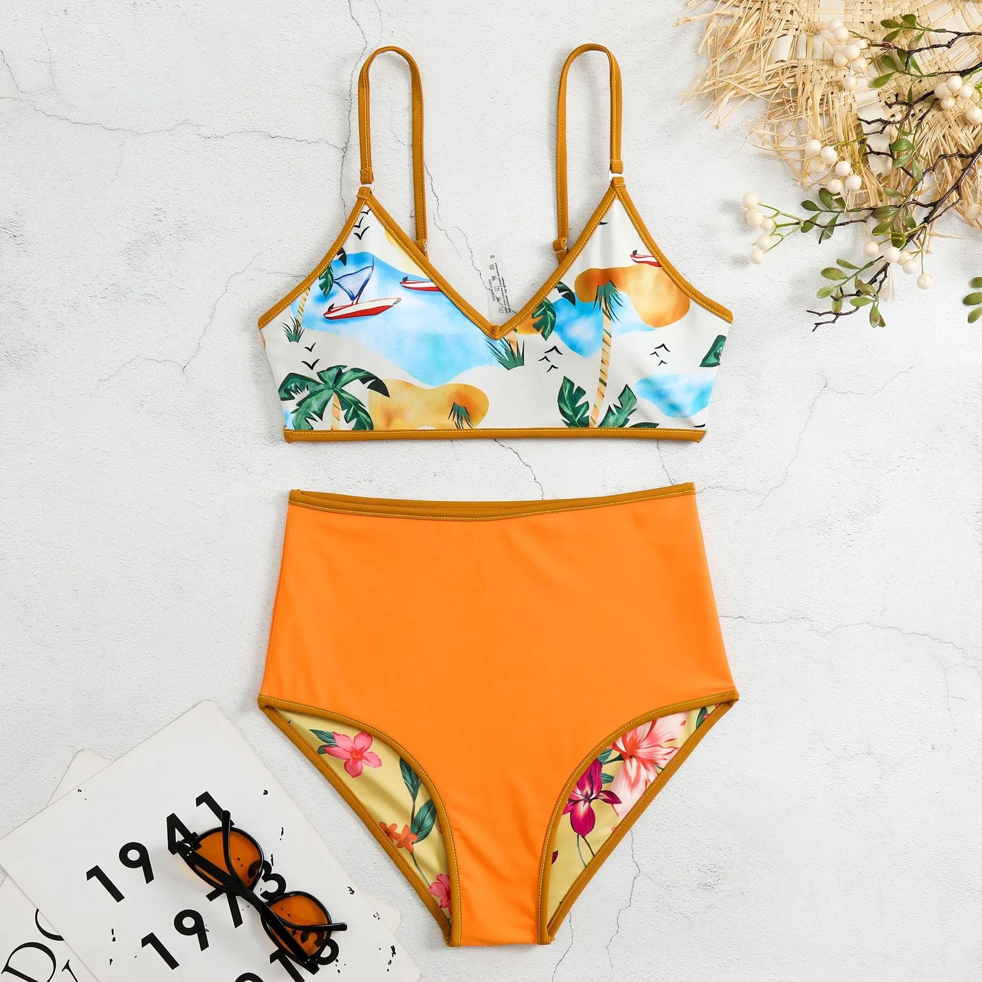 Allover Plant Print Reversible Two Piece Swimsuit Spaghetti Strap High Waisted Bikini Sets