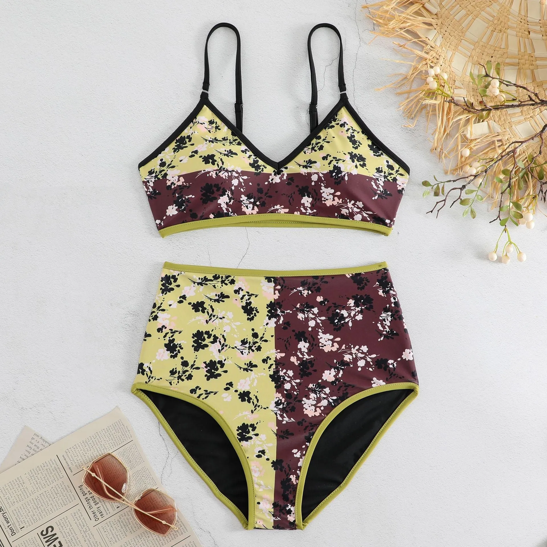 Allover Plant Print Reversible Two Piece Swimsuit Spaghetti Strap High Waisted Bikini Sets