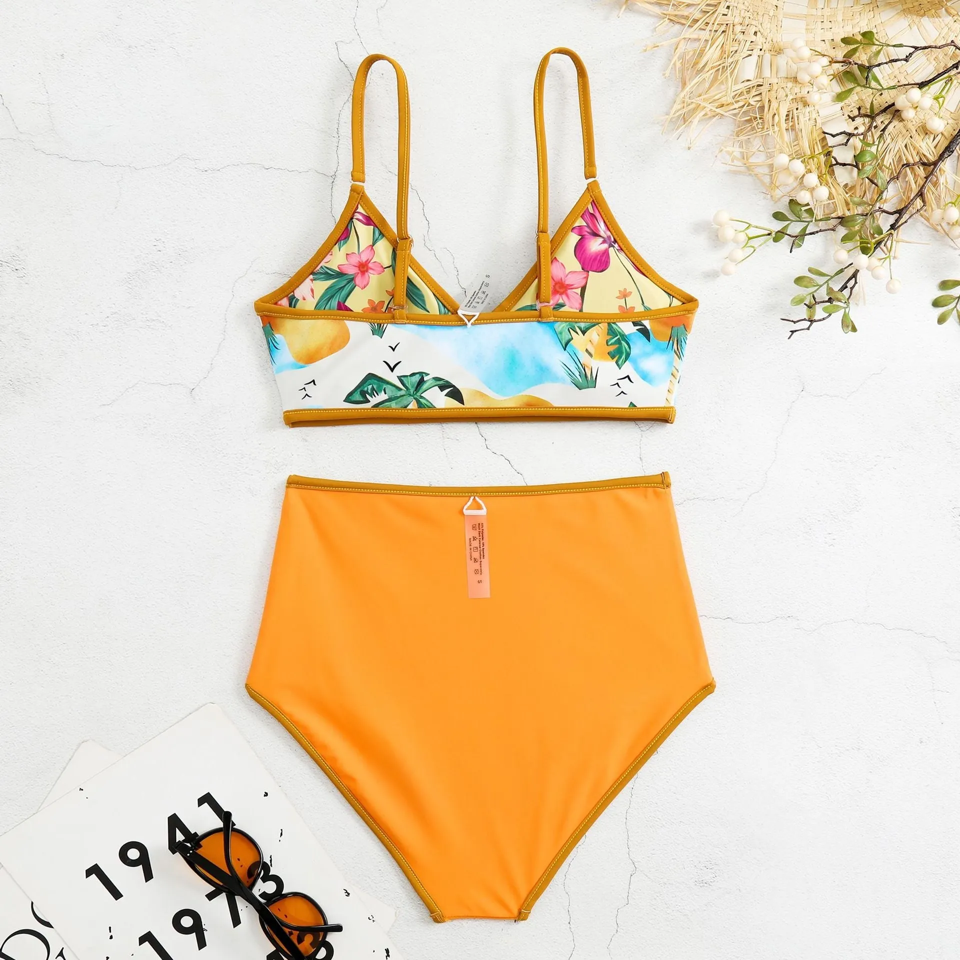 Allover Plant Print Reversible Two Piece Swimsuit Spaghetti Strap High Waisted Bikini Sets