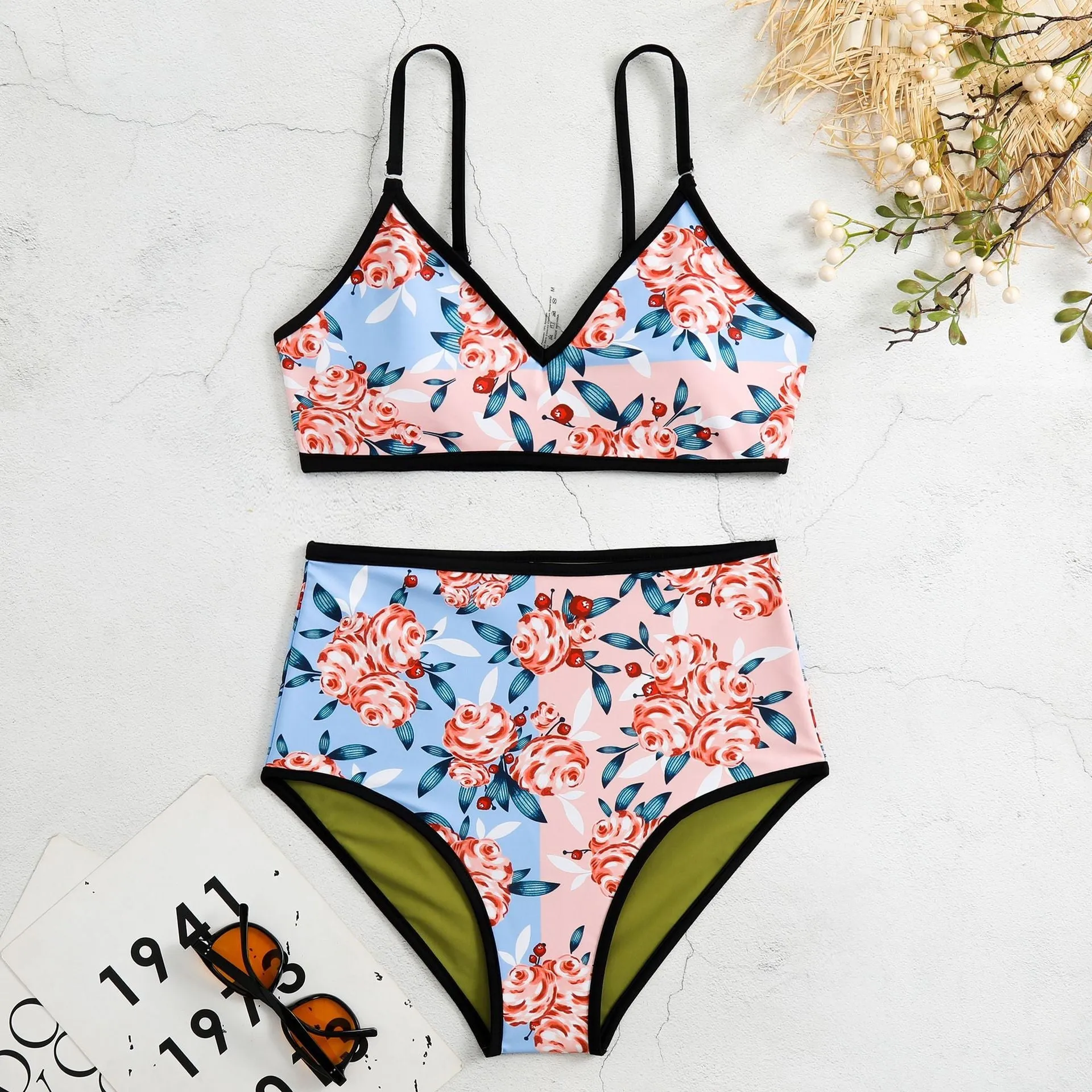 Allover Plant Print Reversible Two Piece Swimsuit Spaghetti Strap High Waisted Bikini Sets