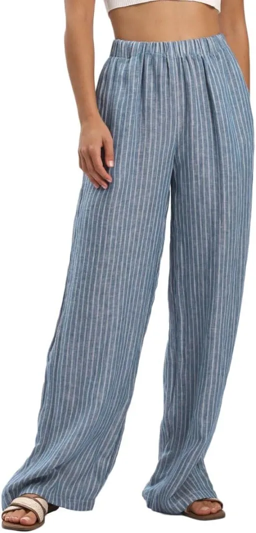 Amazhiyu Women's 100% Linen Summer Casual Elastic Waist Stripes Wide Leg Pants