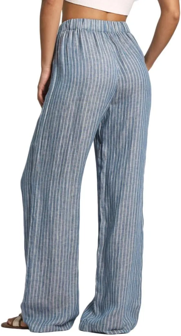 Amazhiyu Women's 100% Linen Summer Casual Elastic Waist Stripes Wide Leg Pants