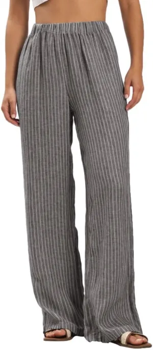 Amazhiyu Women's 100% Linen Summer Casual Elastic Waist Stripes Wide Leg Pants