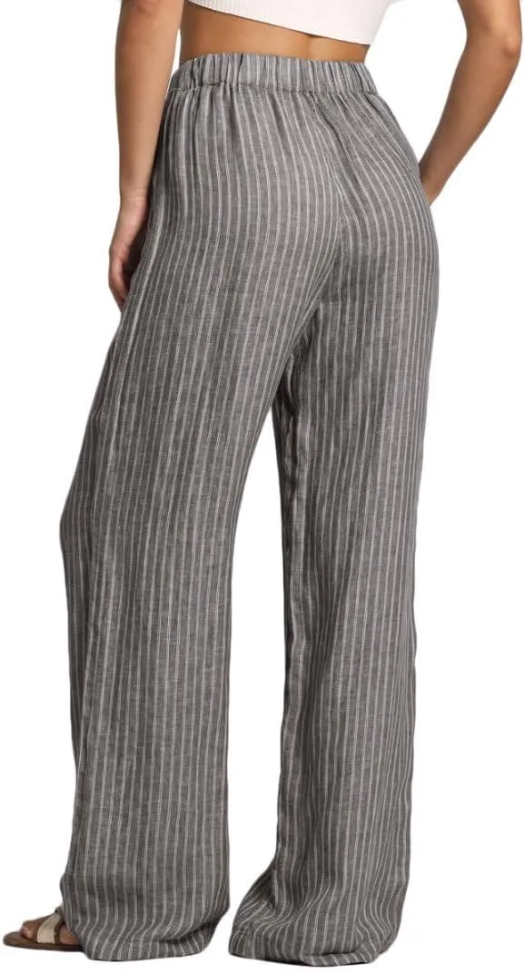 Amazhiyu Women's 100% Linen Summer Casual Elastic Waist Stripes Wide Leg Pants
