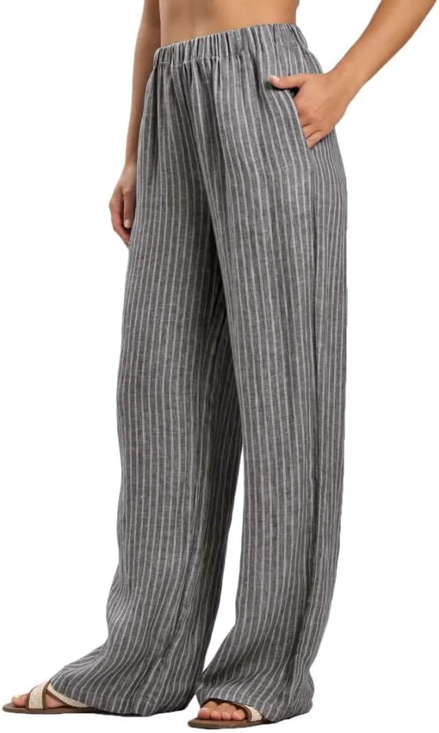 Amazhiyu Women's 100% Linen Summer Casual Elastic Waist Stripes Wide Leg Pants