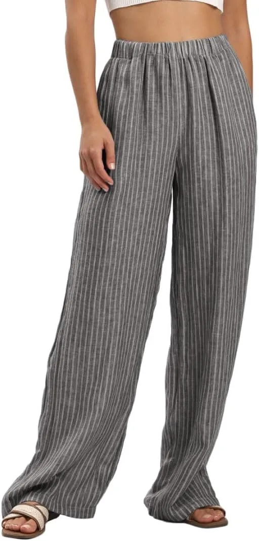 Amazhiyu Women's 100% Linen Summer Casual Elastic Waist Stripes Wide Leg Pants