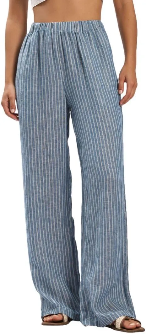 Amazhiyu Women's 100% Linen Summer Casual Elastic Waist Stripes Wide Leg Pants