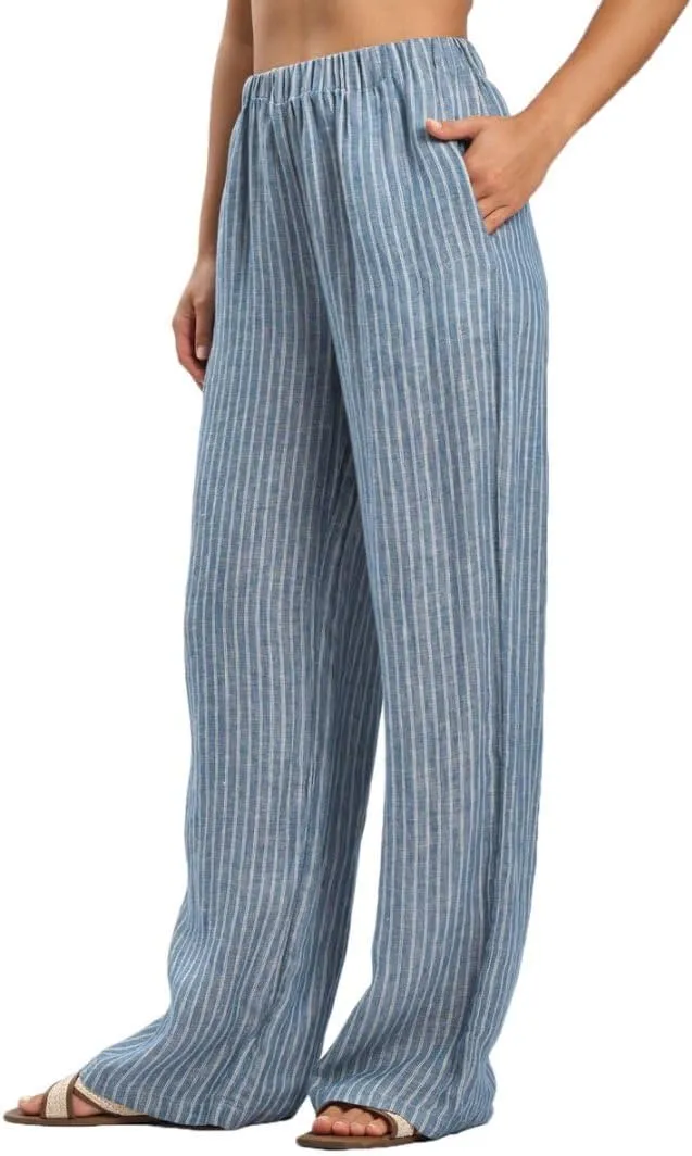 Amazhiyu Women's 100% Linen Summer Casual Elastic Waist Stripes Wide Leg Pants