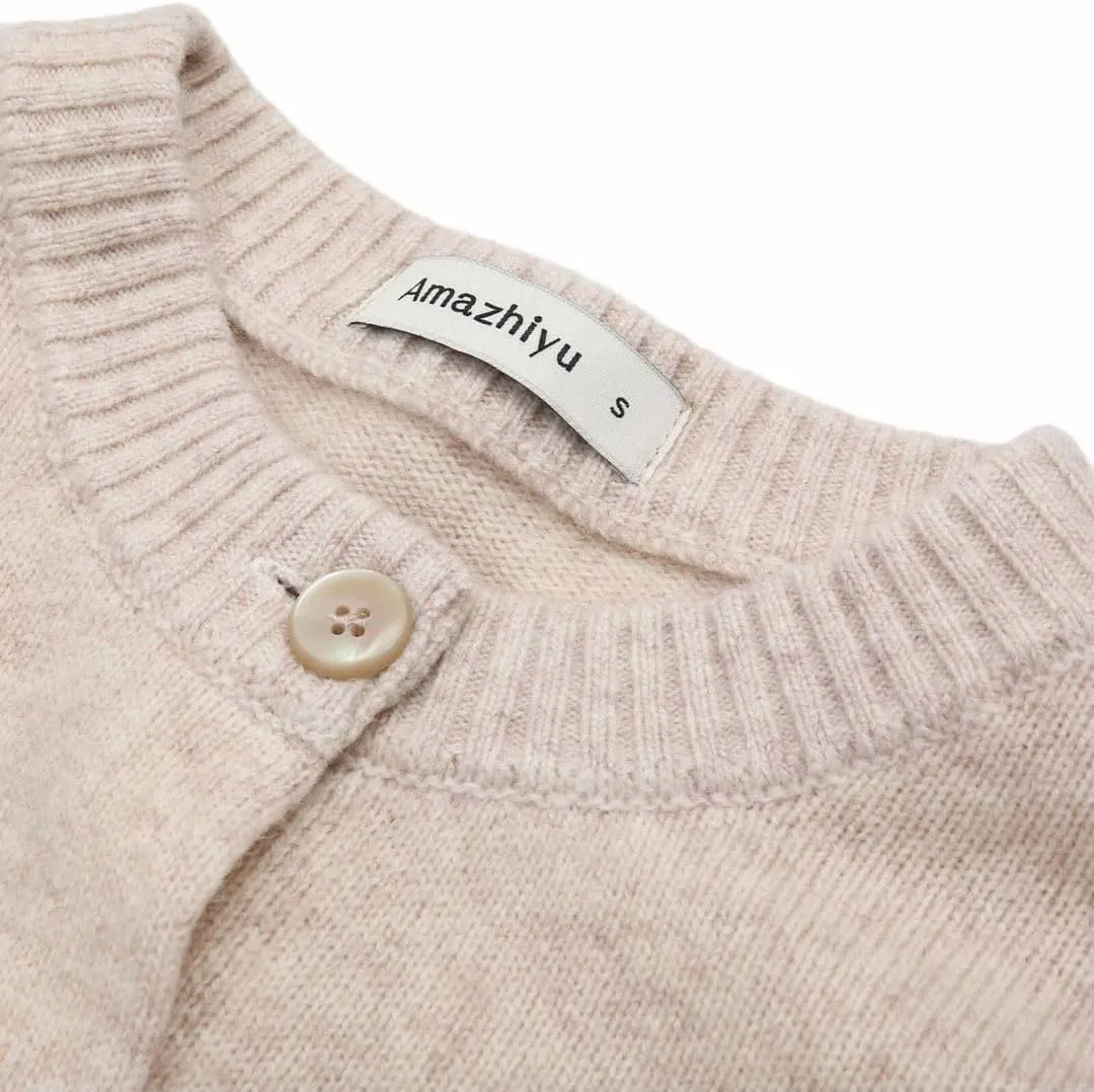 Amazhiyu Women's 100% Wool Button Down Sweaters Winter Long Sleeve Knit Cardigan