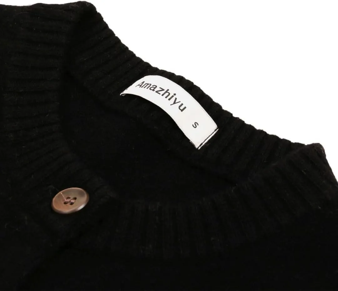 Amazhiyu Women's 100% Wool Button Down Sweaters Winter Long Sleeve Knit Cardigan