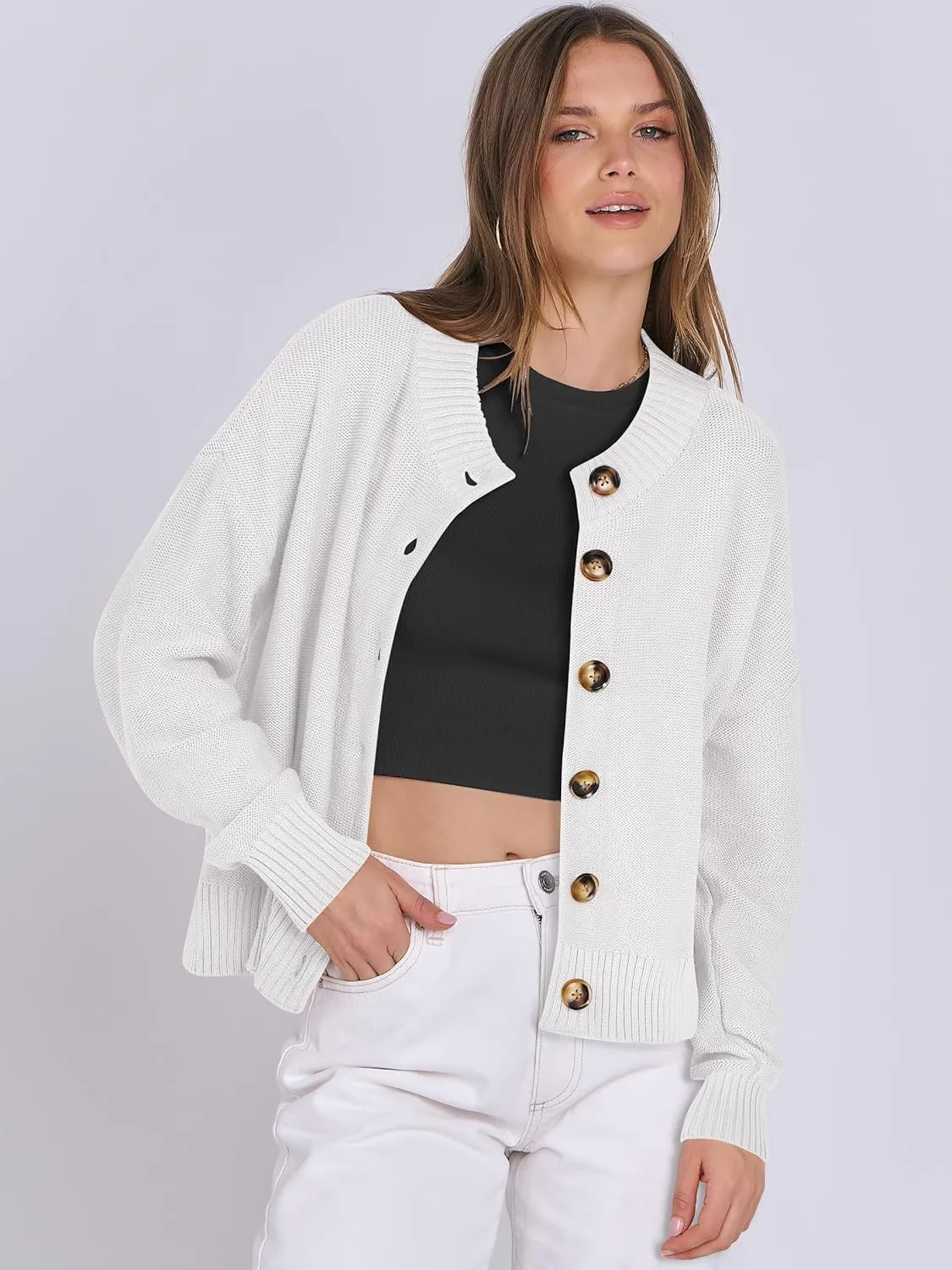 ANRABESS Women Knit Cardigans Sweater Open Front Button Down Long Sleeve Cropped Lady Jacket Outwear 2025 Spring Outfits