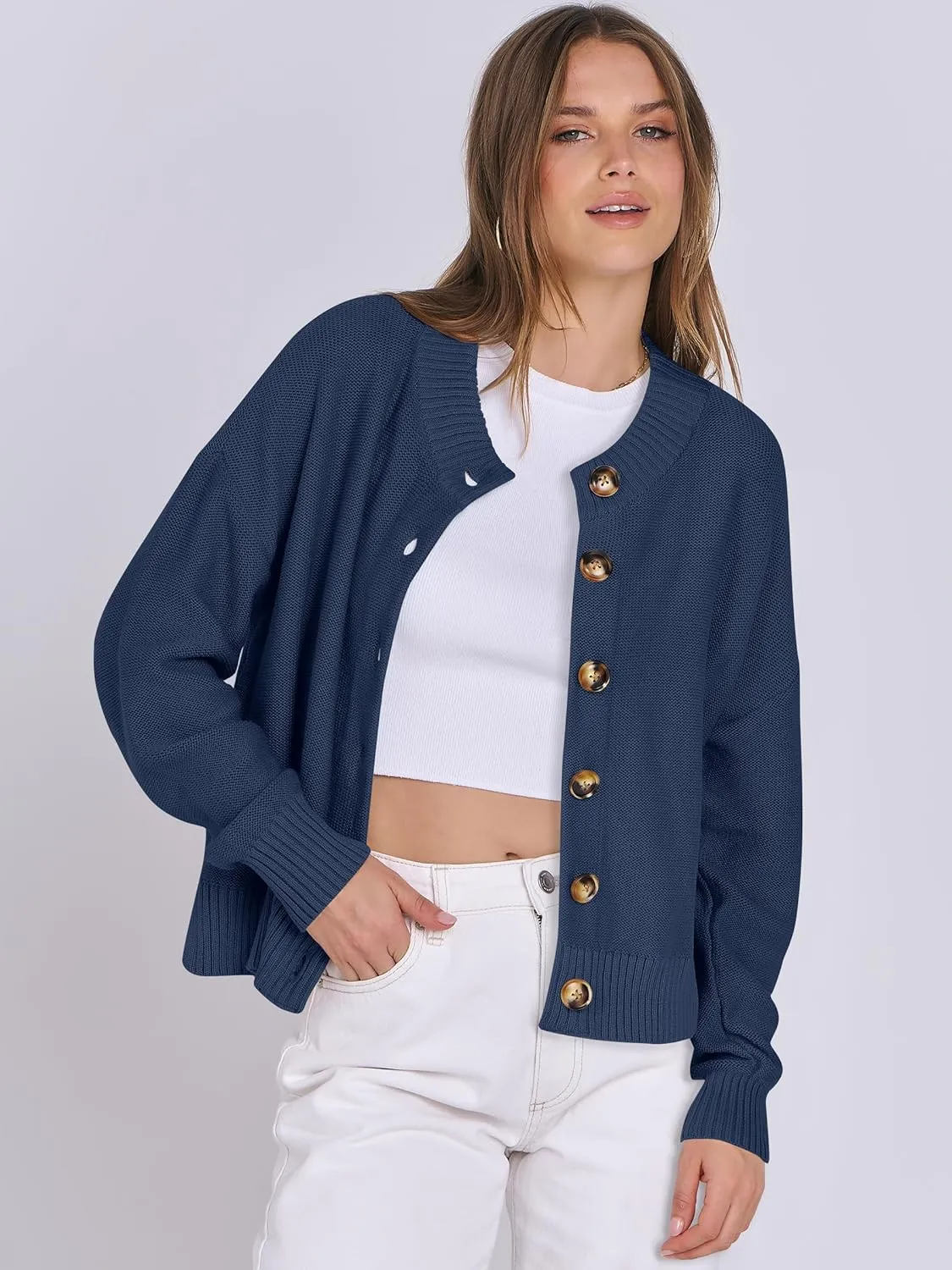 ANRABESS Women Knit Cardigans Sweater Open Front Button Down Long Sleeve Cropped Lady Jacket Outwear 2025 Spring Outfits