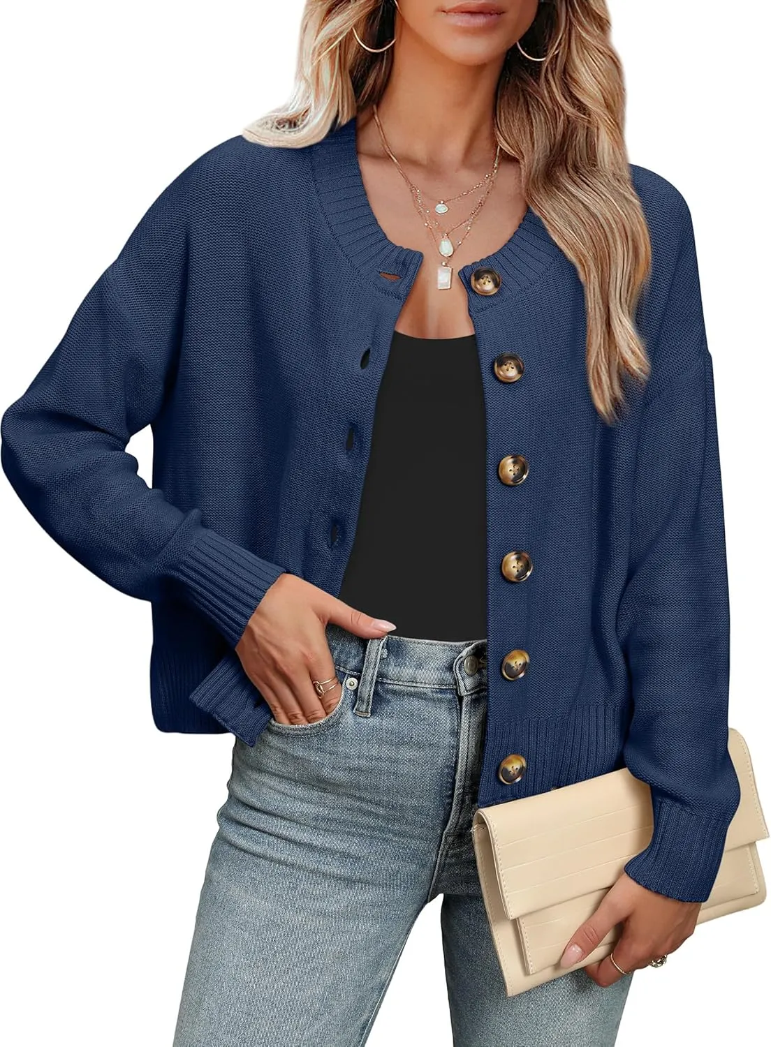 ANRABESS Women Knit Cardigans Sweater Open Front Button Down Long Sleeve Cropped Lady Jacket Outwear 2025 Spring Outfits