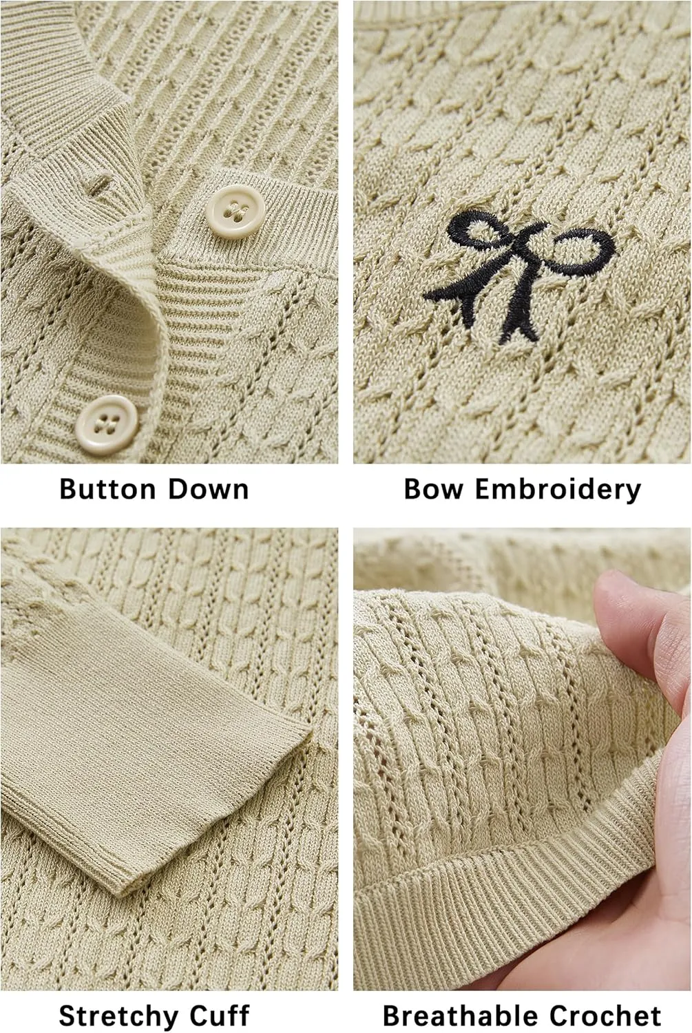 Arach&Cloz Womens 2025 Summer Lightweight Cardigan Long Sleeve Cable Knit Hollow Out Bow Embroidery Tops
