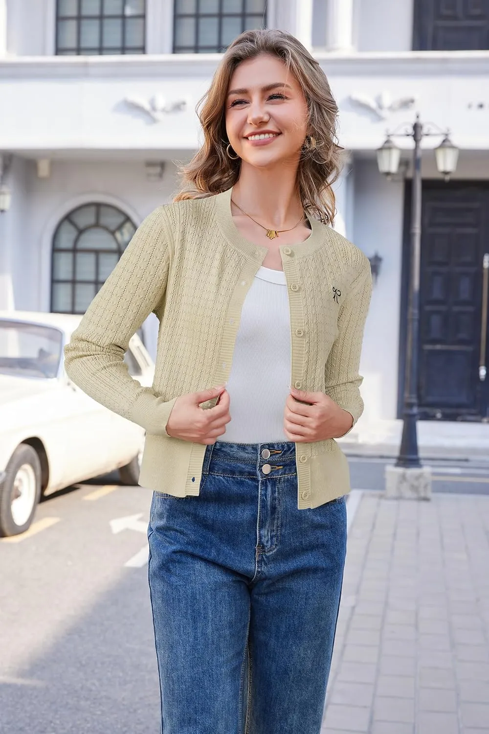 Arach&Cloz Womens 2025 Summer Lightweight Cardigan Long Sleeve Cable Knit Hollow Out Bow Embroidery Tops