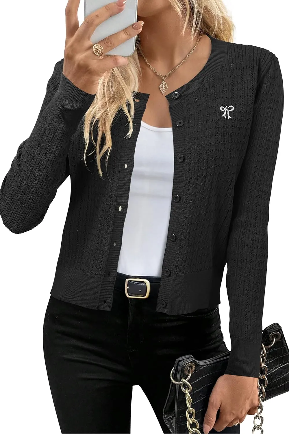 Arach&Cloz Womens 2025 Summer Lightweight Cardigan Long Sleeve Cable Knit Hollow Out Bow Embroidery Tops