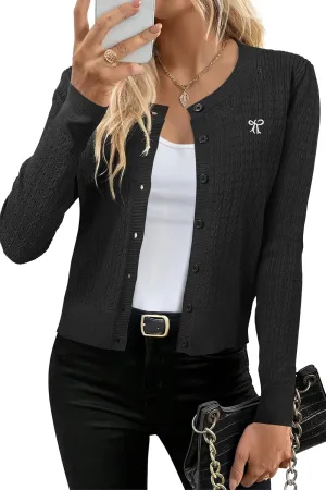 Arach&Cloz Womens 2025 Summer Lightweight Cardigan Long Sleeve Cable Knit Hollow Out Bow Embroidery Tops