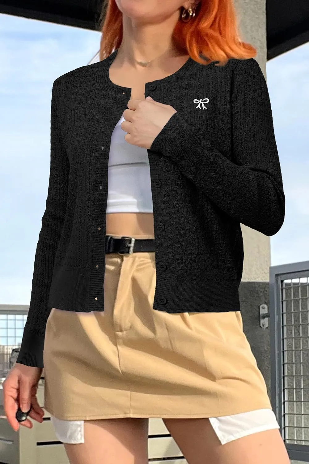 Arach&Cloz Womens 2025 Summer Lightweight Cardigan Long Sleeve Cable Knit Hollow Out Bow Embroidery Tops