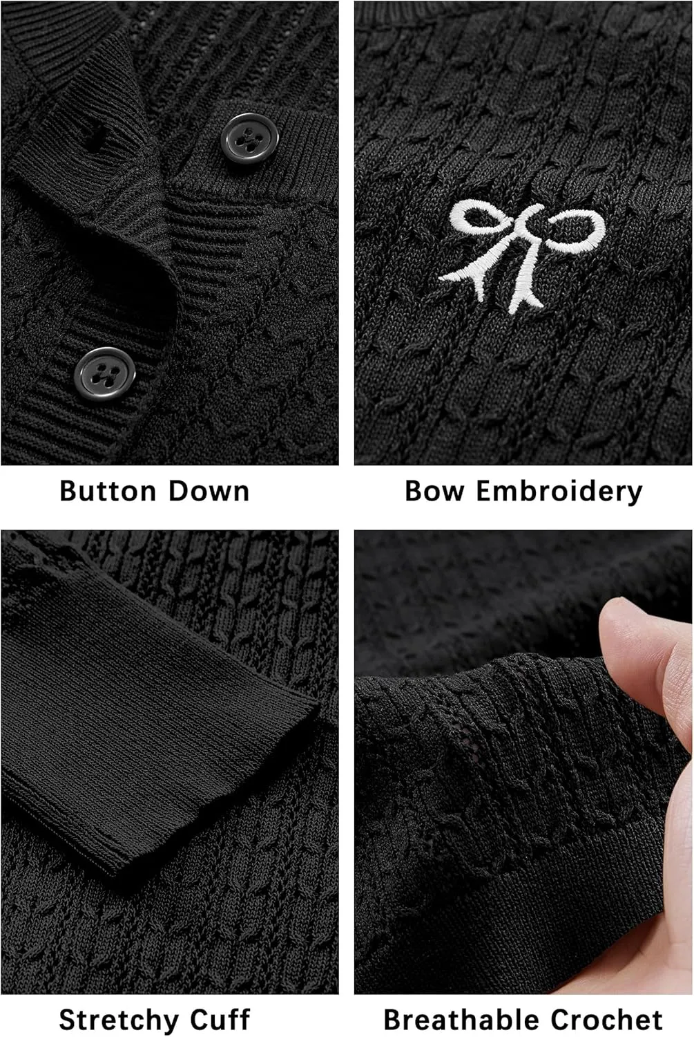 Arach&Cloz Womens 2025 Summer Lightweight Cardigan Long Sleeve Cable Knit Hollow Out Bow Embroidery Tops