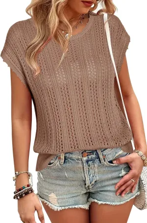 Arach&Cloz Womens Summer Crochet Tops 2024 Lightweight Cap Sleeve Crew Neck Knit Fashion Casual Sleeveless Sweater Vest