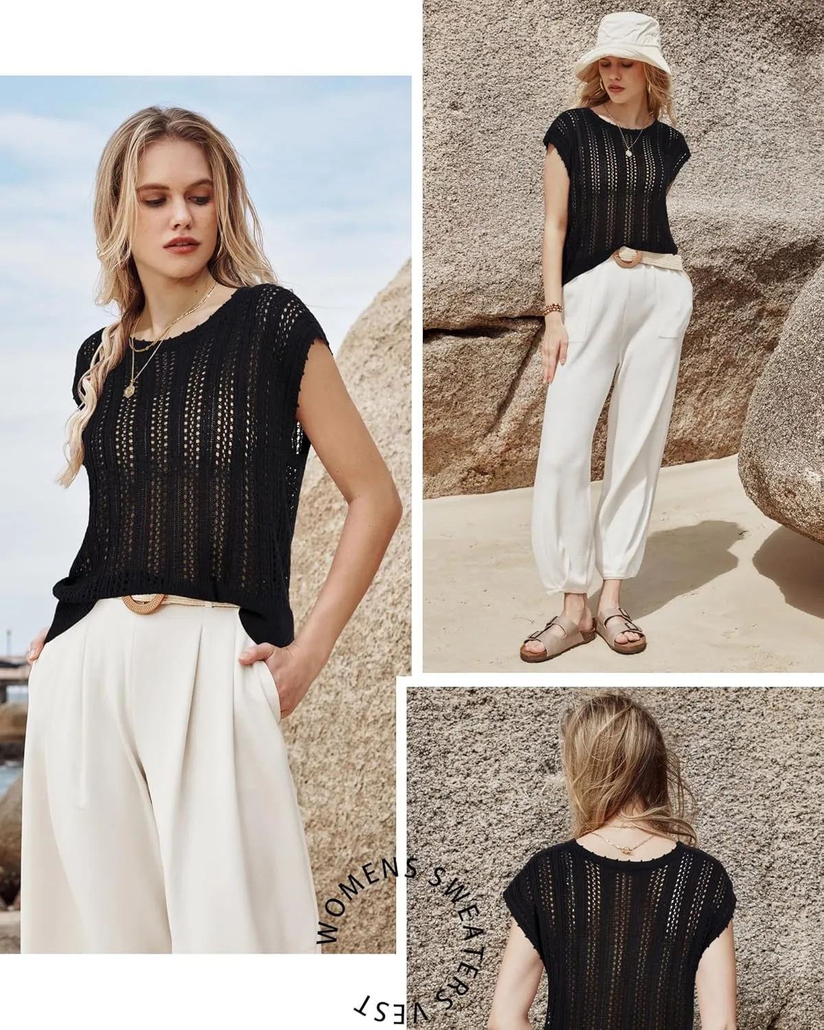 Arach&Cloz Womens Summer Crochet Tops 2024 Lightweight Cap Sleeve Crew Neck Knit Fashion Casual Sleeveless Sweater Vest