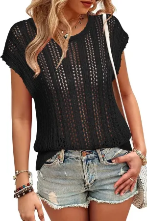 Arach&Cloz Womens Summer Crochet Tops 2024 Lightweight Cap Sleeve Crew Neck Knit Fashion Casual Sleeveless Sweater Vest
