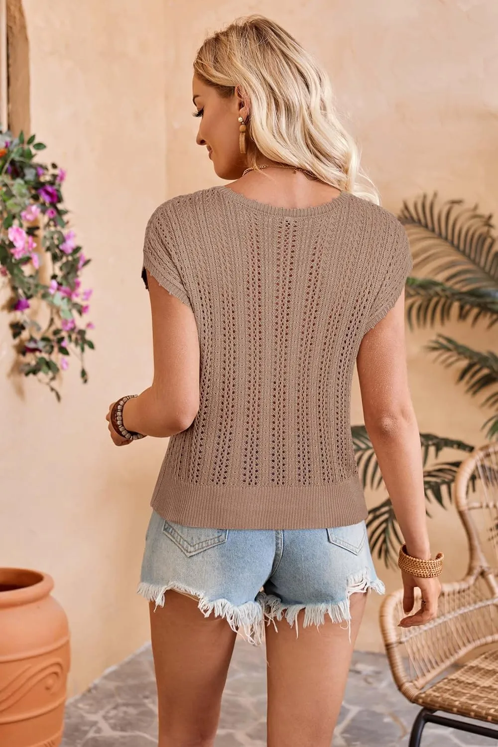 Arach&Cloz Womens Summer Crochet Tops 2024 Lightweight Cap Sleeve Crew Neck Knit Fashion Casual Sleeveless Sweater Vest