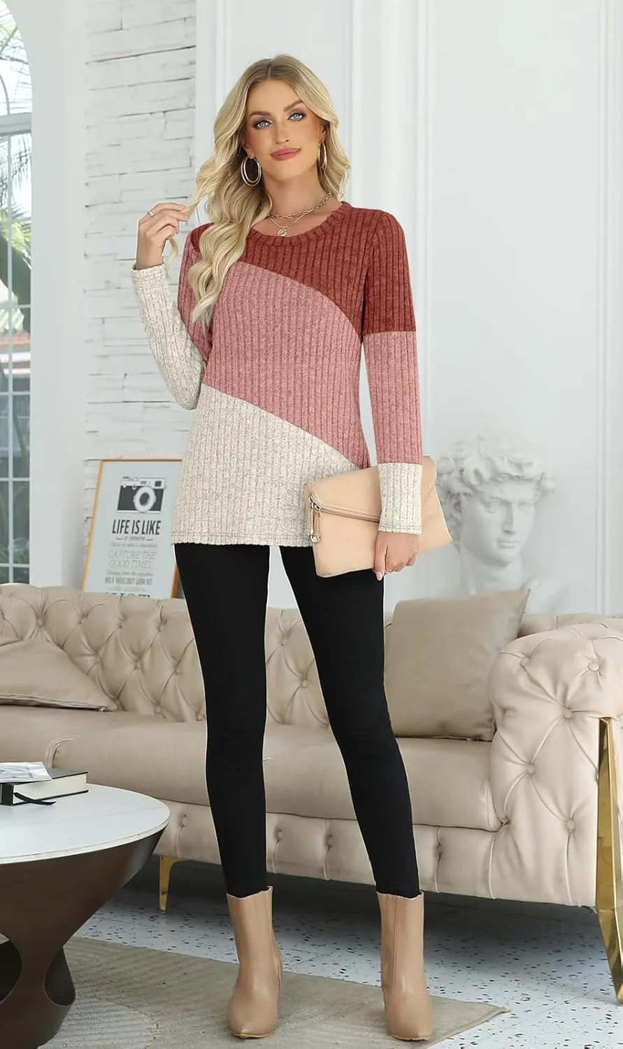 AYIFU Womens Color Block Tops Lightweight Sweaters Casual Long Sleeve Tunic Tops Trendy Crewneck Pullover Shirts