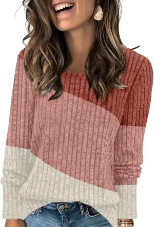AYIFU Womens Color Block Tops Lightweight Sweaters Casual Long Sleeve Tunic Tops Trendy Crewneck Pullover Shirts
