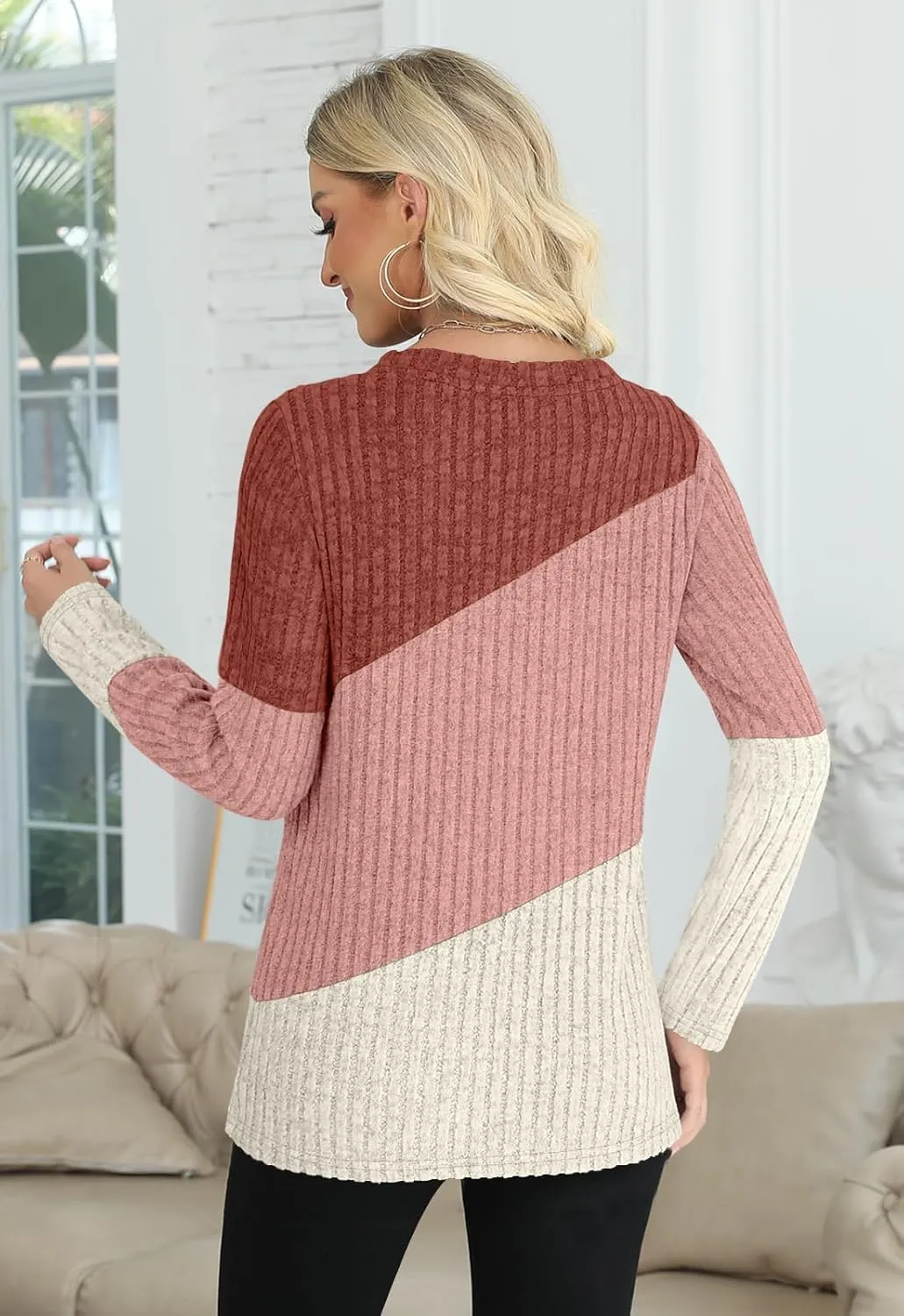 AYIFU Womens Color Block Tops Lightweight Sweaters Casual Long Sleeve Tunic Tops Trendy Crewneck Pullover Shirts