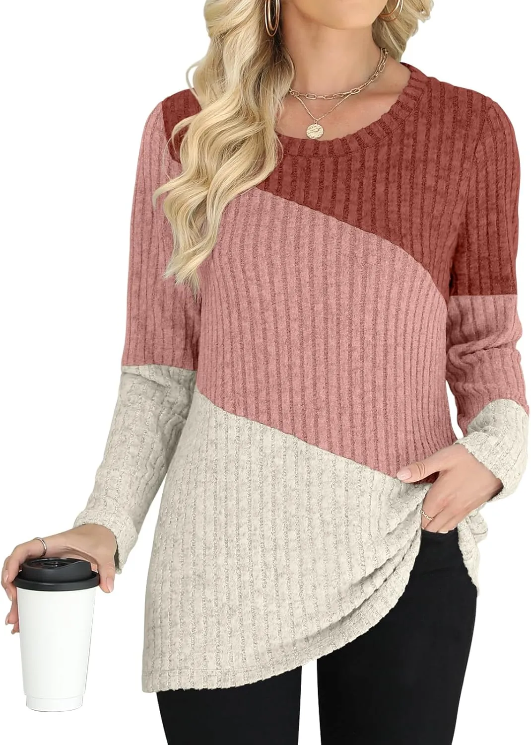 AYIFU Womens Color Block Tops Lightweight Sweaters Casual Long Sleeve Tunic Tops Trendy Crewneck Pullover Shirts