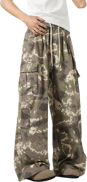 Baggy Camo Cargo Pants for Men Y2K Streetwear Wide Leg Trousers with Drawstring Waist and Multi Pockets