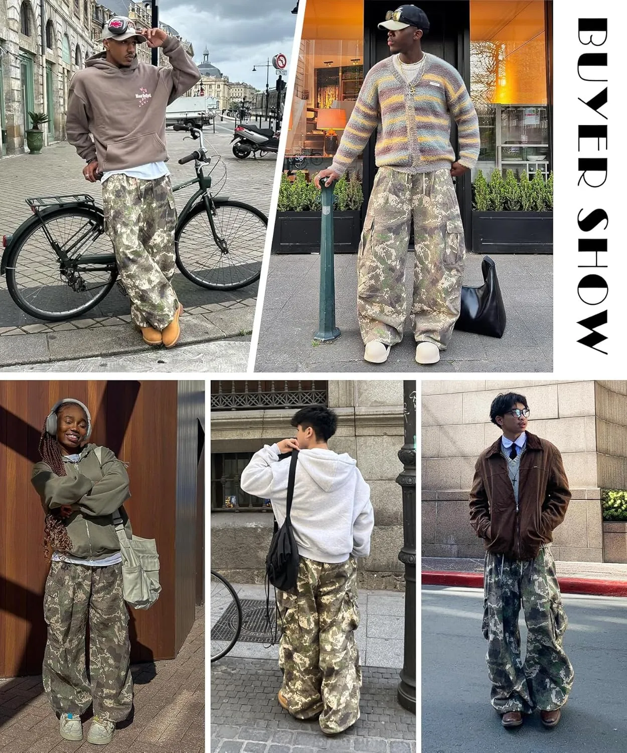 Baggy Camo Cargo Pants for Men Y2K Streetwear Wide Leg Trousers with Drawstring Waist and Multi Pockets