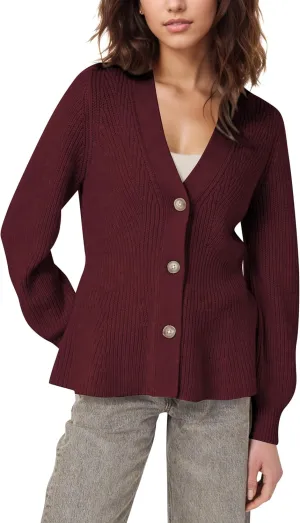BAIGRAM Women Button Up V Neck Peplum Cardigan Sweaters Puff Sleeve Ribbed Knit Cardigans Business Casual Work Outfits