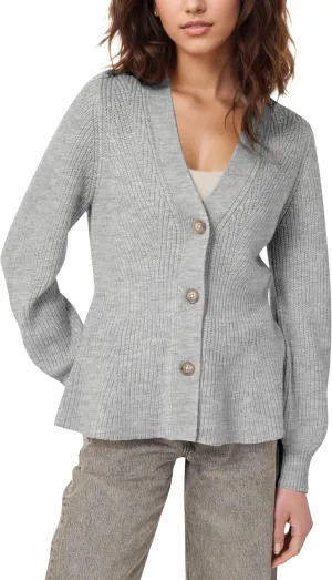 BAIGRAM Women Button Up V Neck Peplum Cardigan Sweaters Puff Sleeve Ribbed Knit Cardigans Business Casual Work Outfits