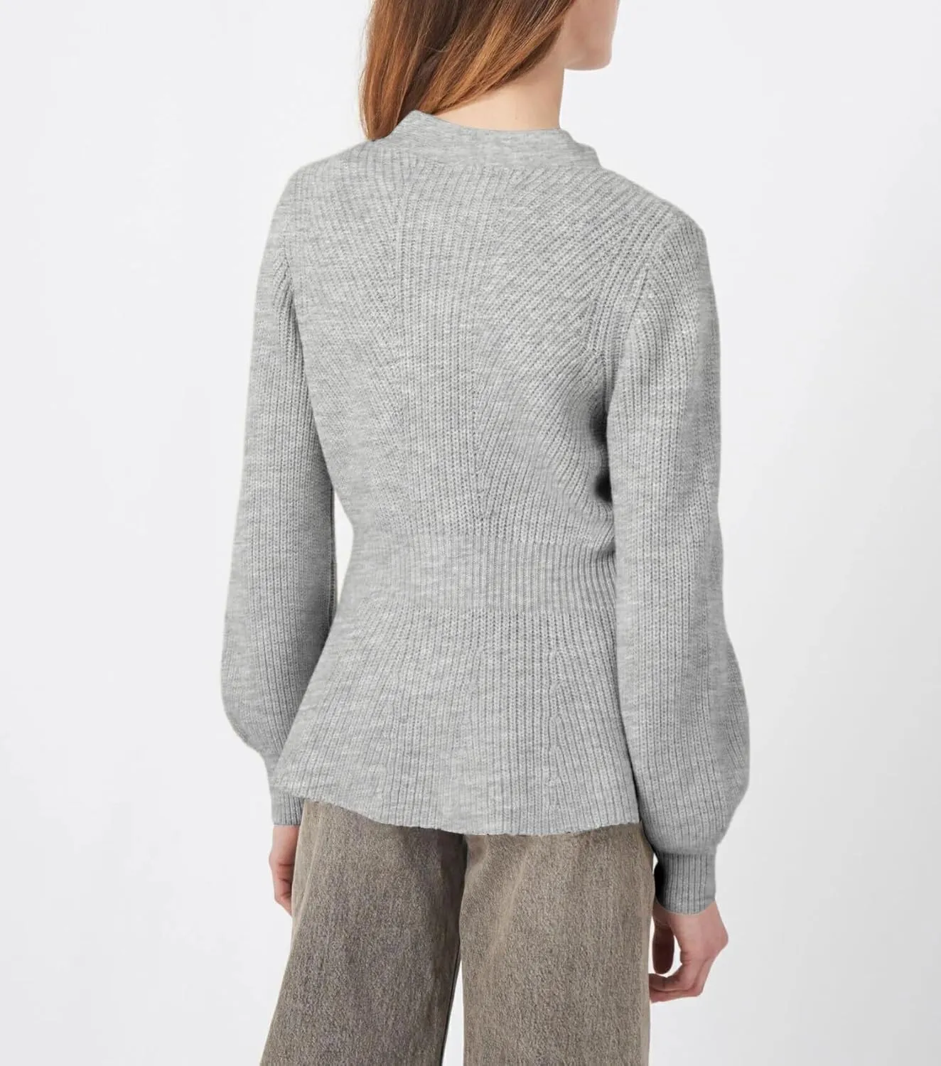 BAIGRAM Women Button Up V Neck Peplum Cardigan Sweaters Puff Sleeve Ribbed Knit Cardigans Business Casual Work Outfits