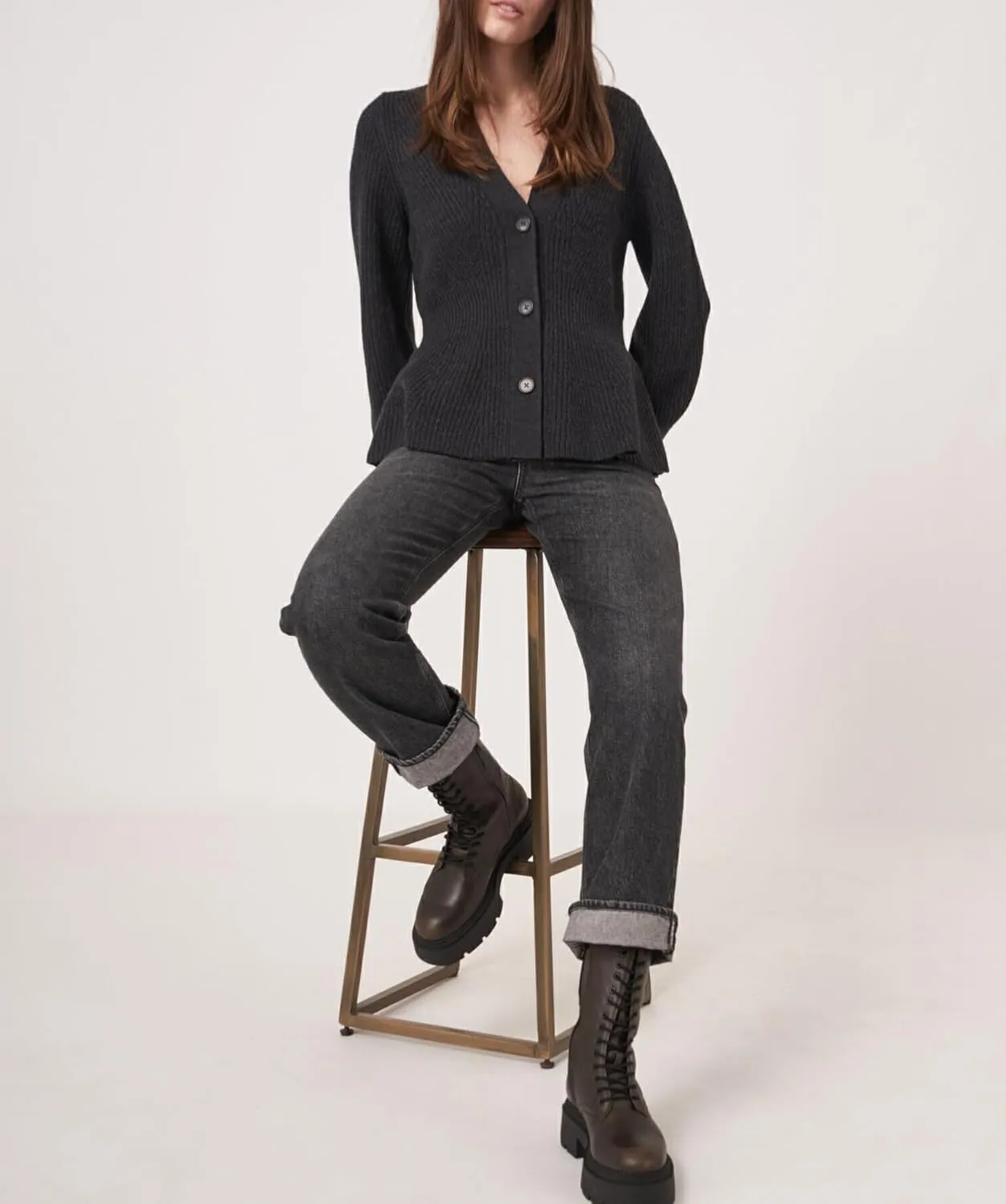 BAIGRAM Women Button Up V Neck Peplum Cardigan Sweaters Puff Sleeve Ribbed Knit Cardigans Business Casual Work Outfits