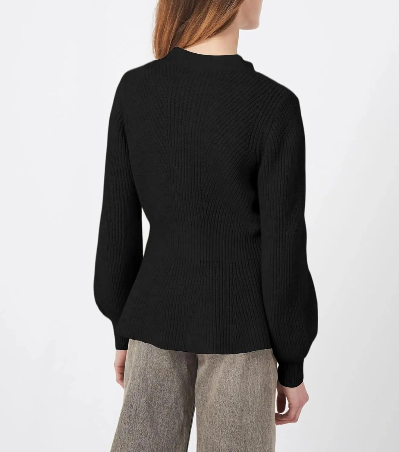 BAIGRAM Women Button Up V Neck Peplum Cardigan Sweaters Puff Sleeve Ribbed Knit Cardigans Business Casual Work Outfits