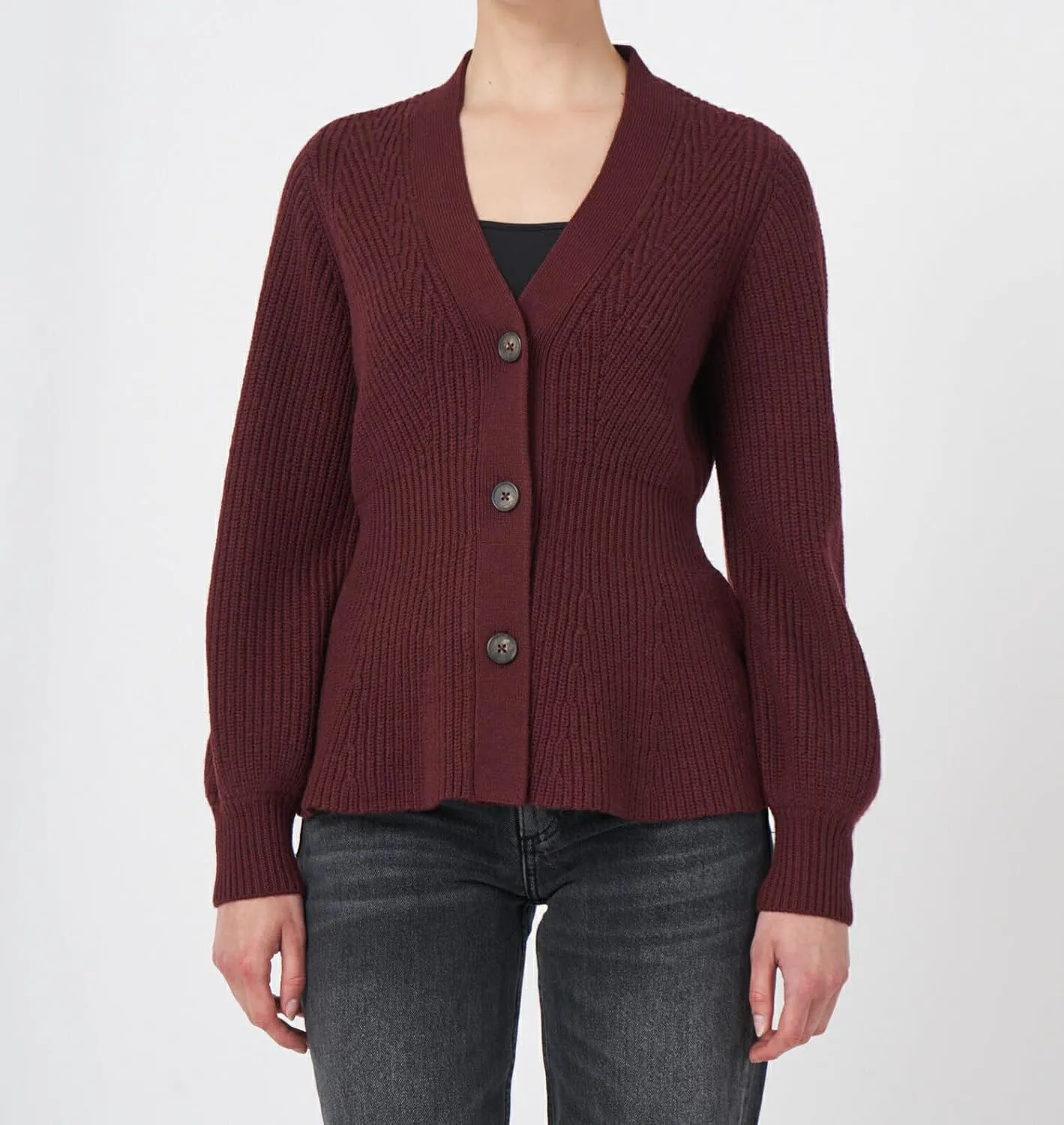 BAIGRAM Women Button Up V Neck Peplum Cardigan Sweaters Puff Sleeve Ribbed Knit Cardigans Business Casual Work Outfits