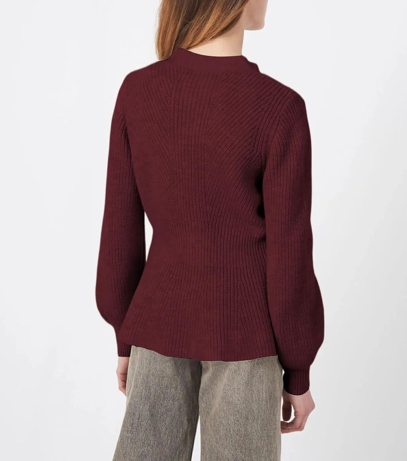 BAIGRAM Women Button Up V Neck Peplum Cardigan Sweaters Puff Sleeve Ribbed Knit Cardigans Business Casual Work Outfits